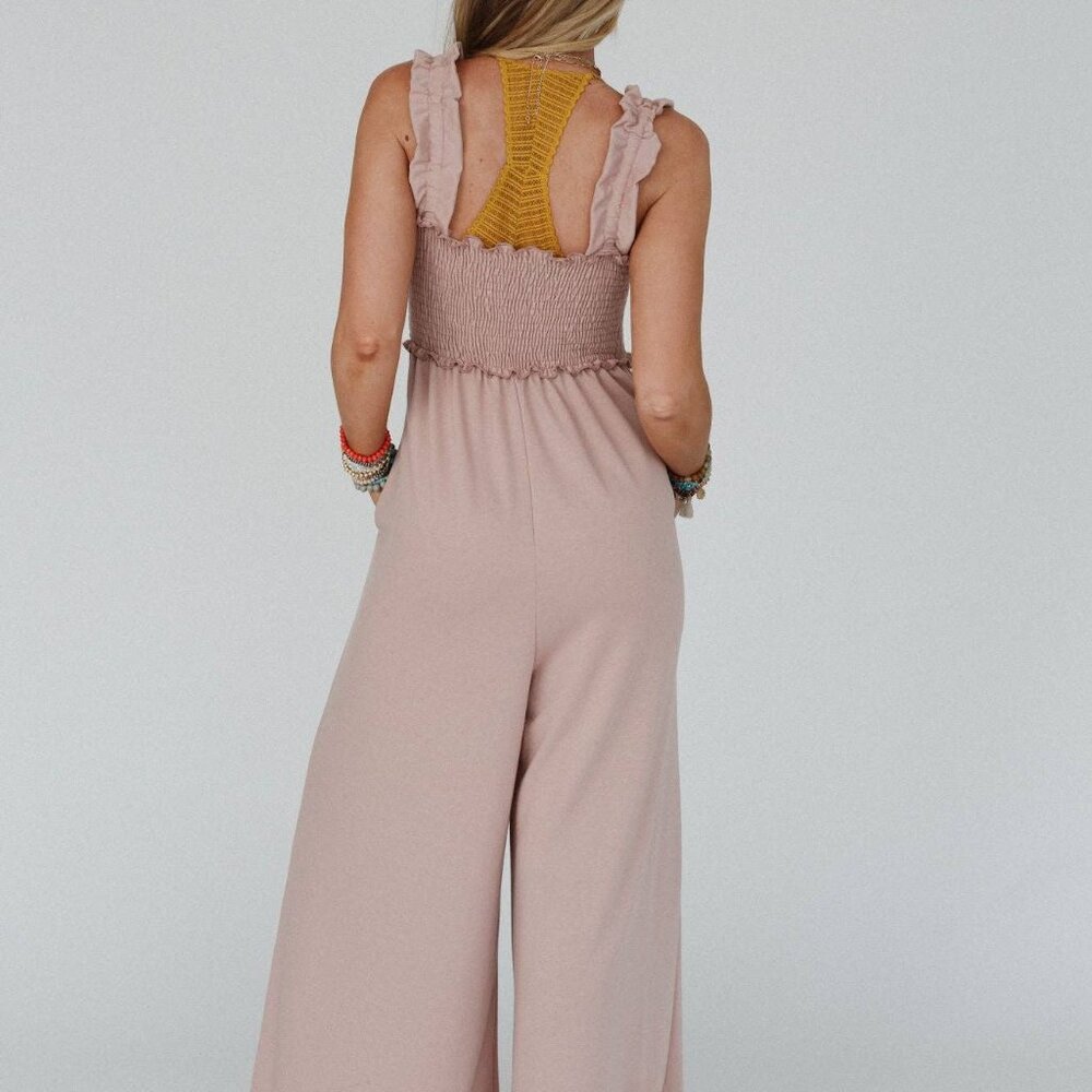 NWT THREE BIRD NEST Nothing Compares Smocked Ruffle Jumpsuit Dusty Rose Small - Picture 4 of 4